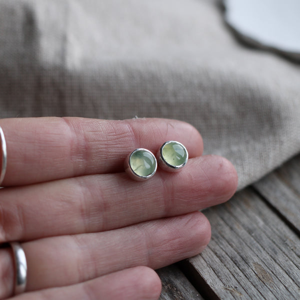 Prehnite in silver stud earrings, handmade by Aimi Cairns Jewellery