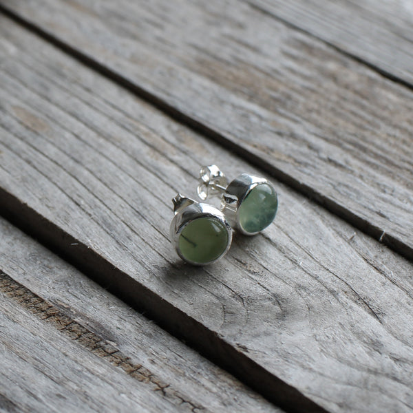 Prehnite in silver stud earrings, handmade by Aimi Cairns Jewellery