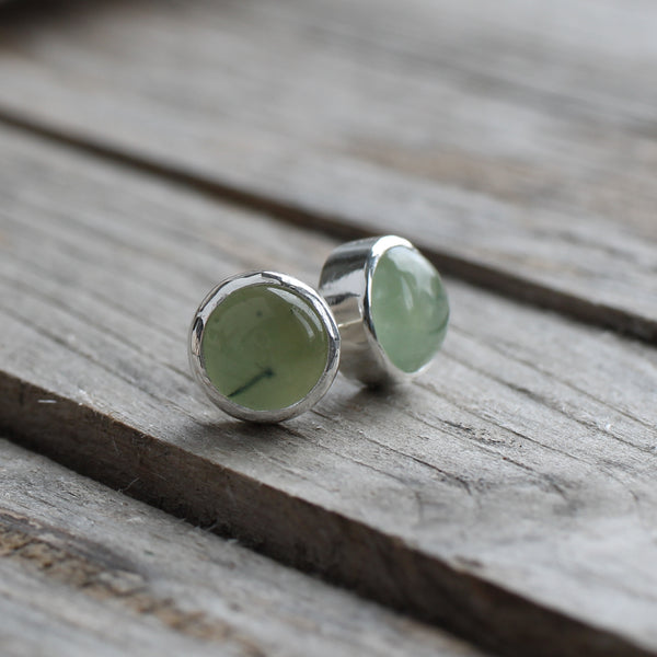 Prehnite in silver stud earrings, handmade by Aimi Cairns Jewellery