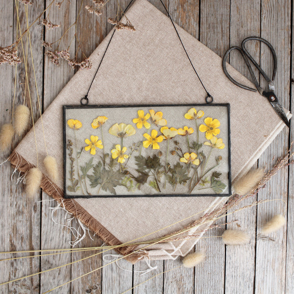 Butter cup meadow pressed flower stained glass wall art