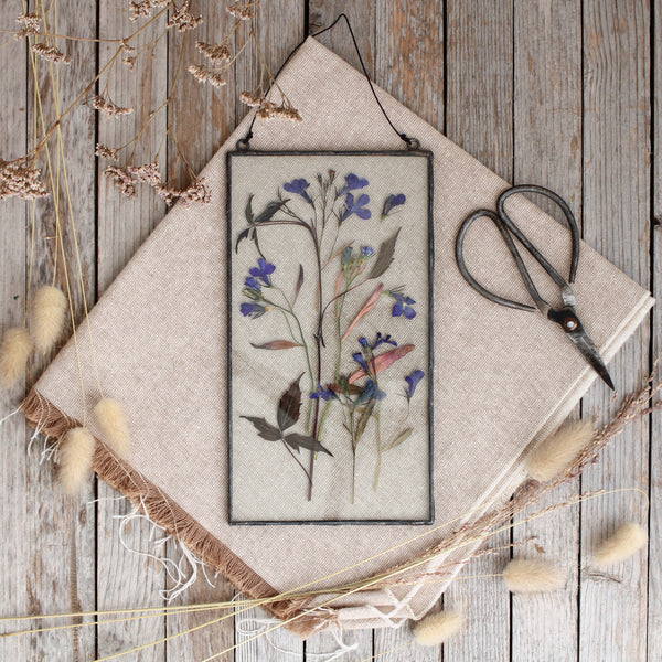 Blue lobelia pressed flower stained glass wall art
