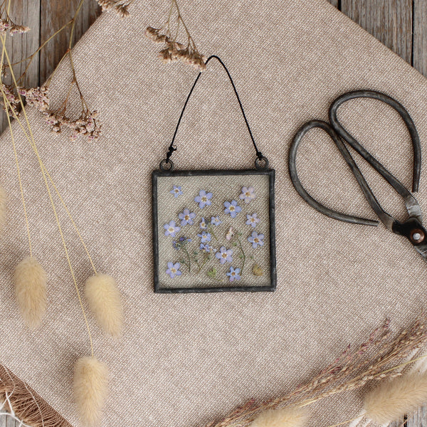 Forget me nots pressed flower stained glass wall art