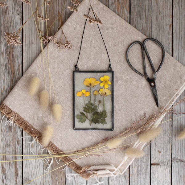 Butter cup pressed flower stained glass wall art