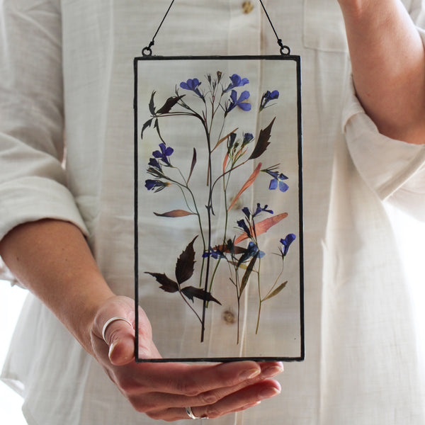 Blue lobelia pressed flower stained glass wall art