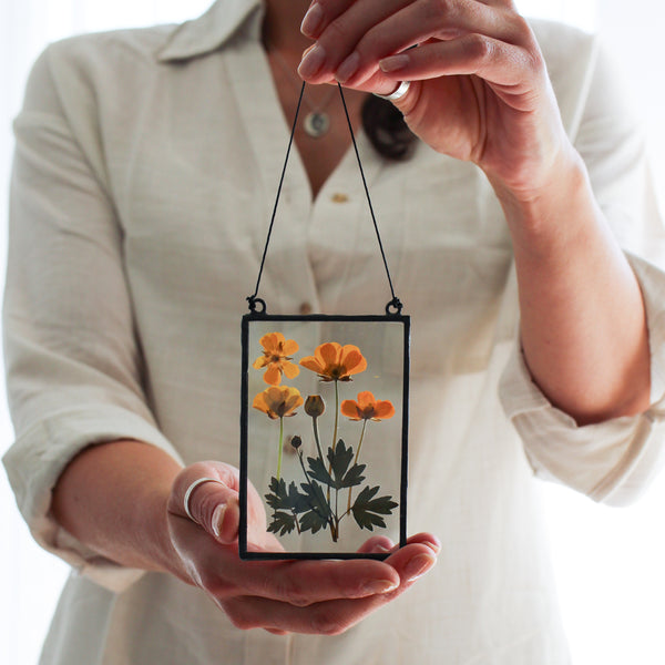 Butter cup pressed flower stained glass wall art