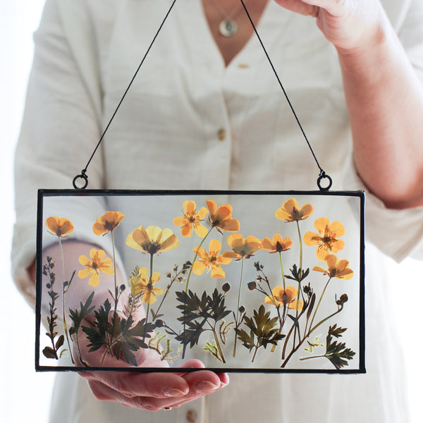 Butter cup meadow pressed flower stained glass wall art