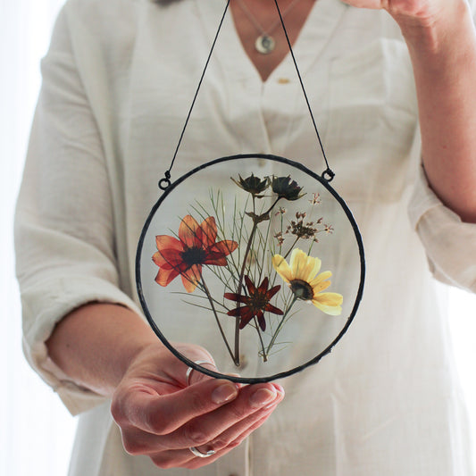 Pressed flower stained glass wall art