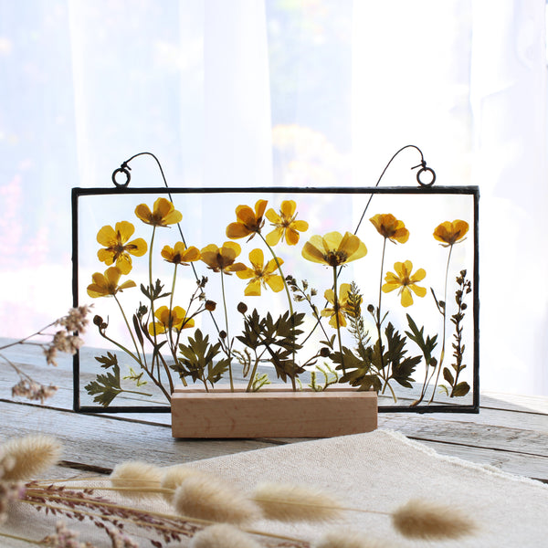Butter cup meadow pressed flower stained glass wall art