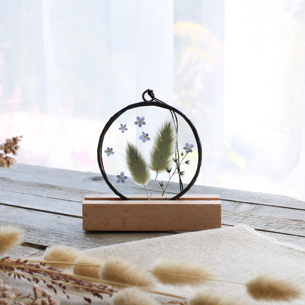 Forget me not bunny tail pressed flower stained glass wall art