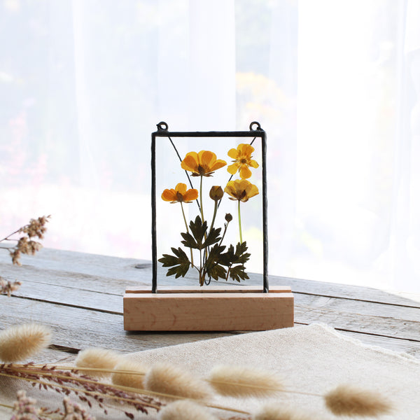 Butter cup pressed flower stained glass wall art
