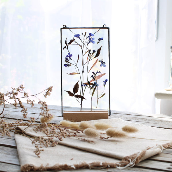 Blue lobelia pressed flower stained glass wall art