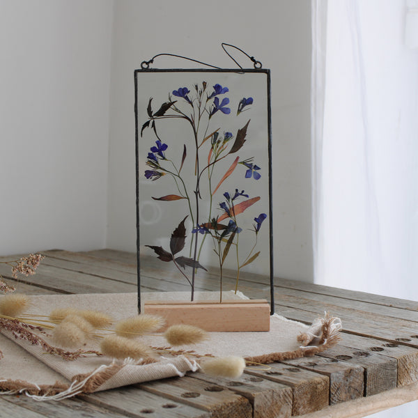 Blue lobelia pressed flower stained glass wall art