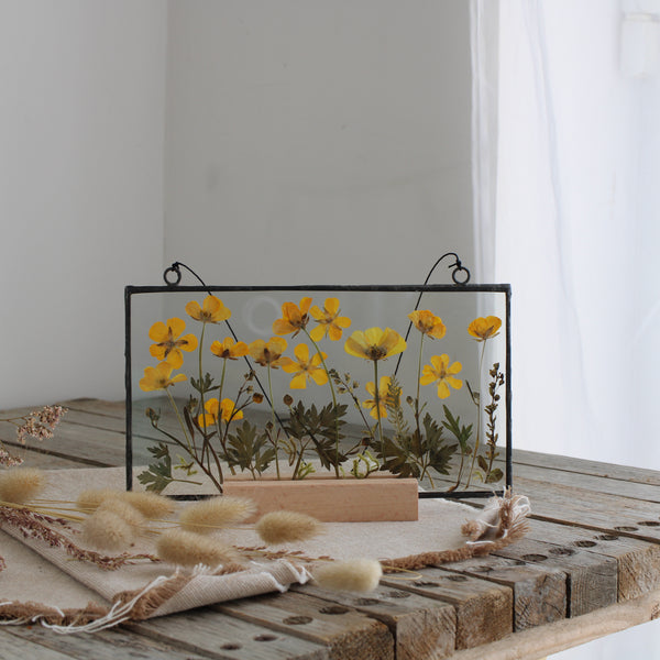 Butter cup meadow pressed flower stained glass wall art