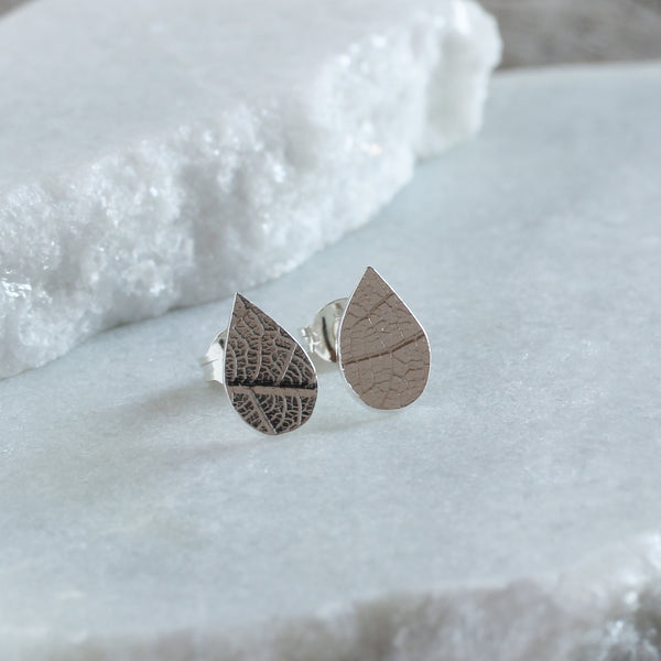 leaf imprint silver stud earrings