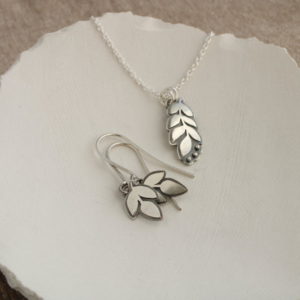Oxidised Silver Leaf Pendant and matching earrings