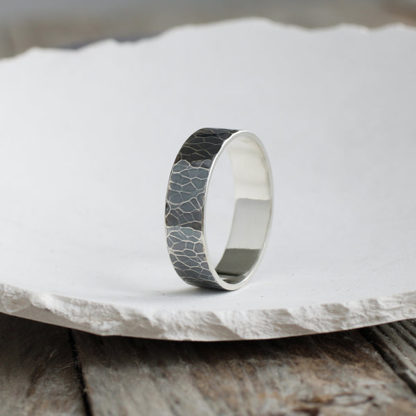 hammered oxidised silver ring