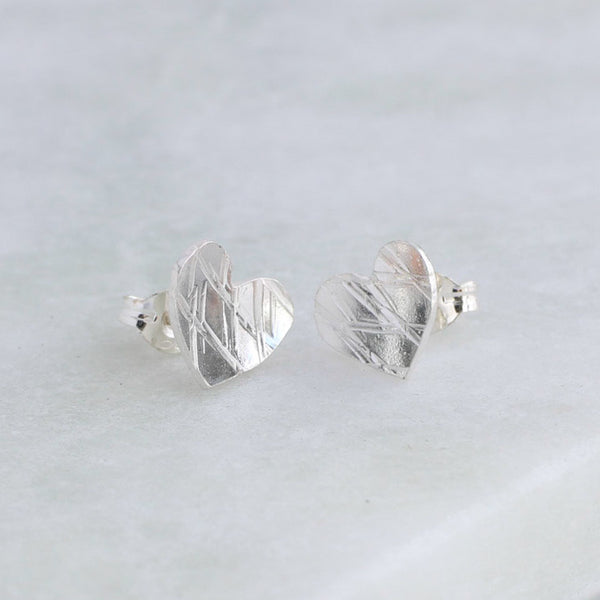 Textured silver stud earrings - round, heart or square