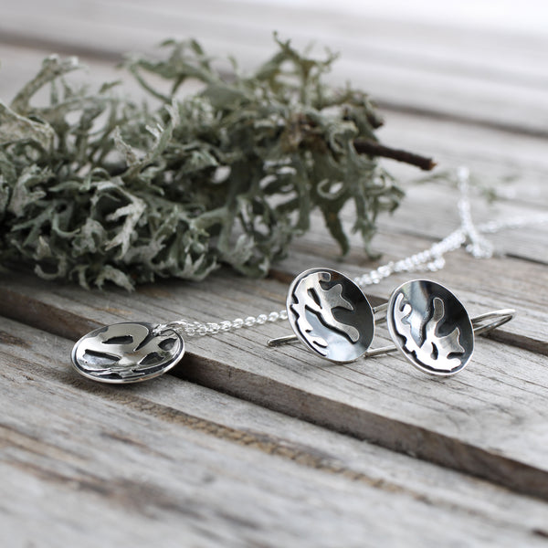 Oxidised silver lichen pendant, handmade silver necklace inspired by scottish lichen