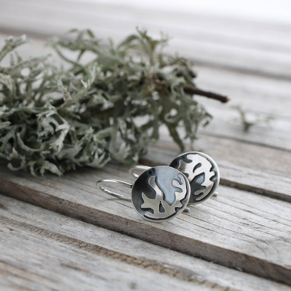 Oxidised silver lichen earrings, handmade silver earrings inspired by scottish lichen