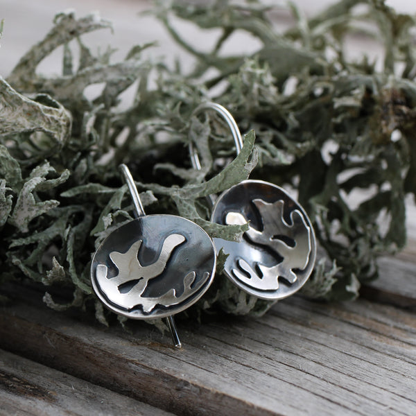 Oxidised silver lichen earrings, handmade silver earrings inspired by scottish lichen